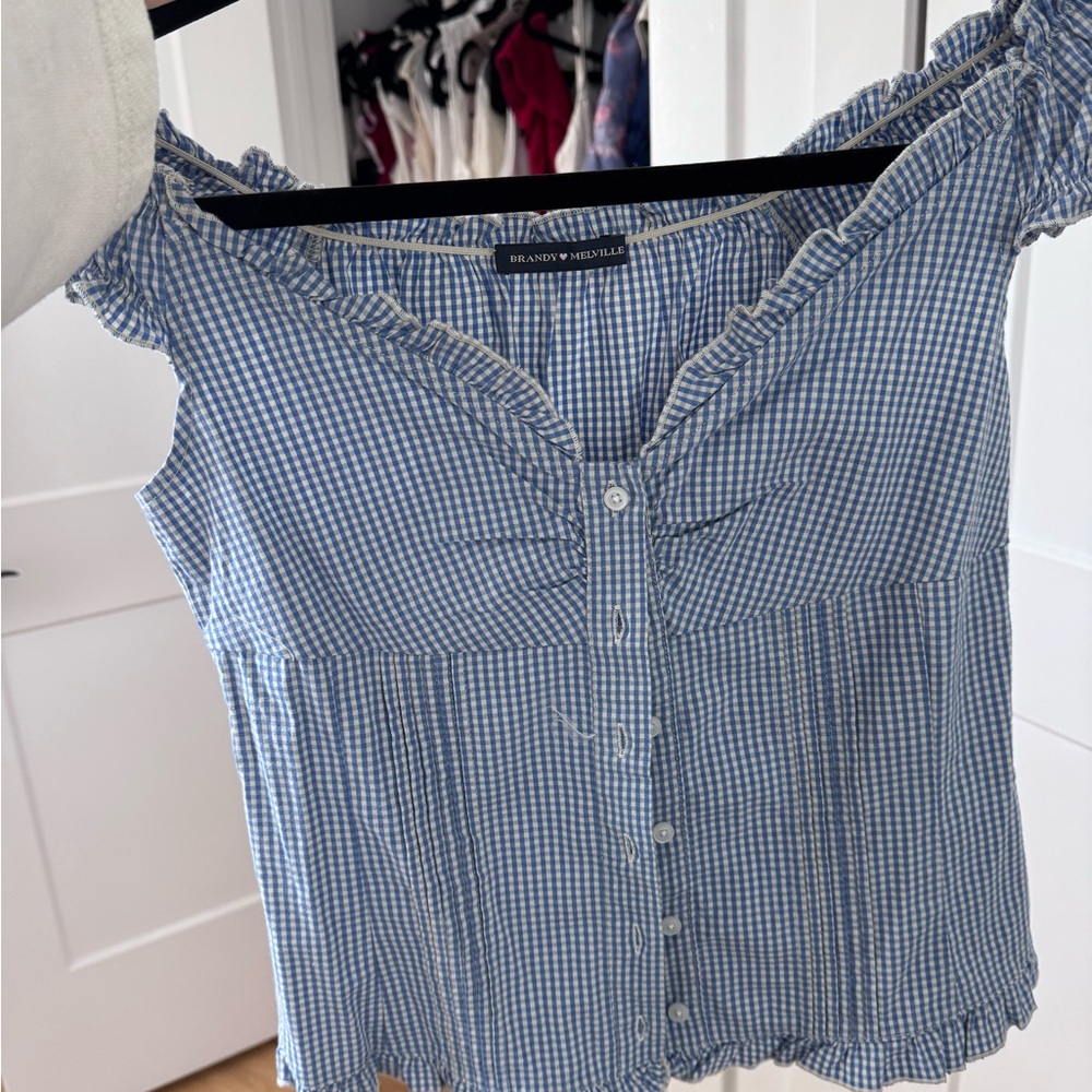 Blue Gingham Off-Shoulder Top by Brandy Melville